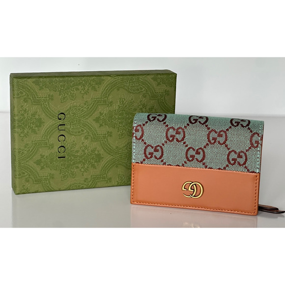 Gucci GG Leather/Canvas Compact Bifold Card Wallet Azure/Brown Italy 783121 NIB - Picture 3 of 12